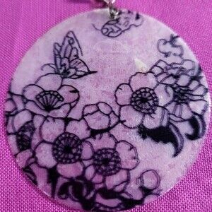 Capiz Shell w/ Black Floral & Butterfly Pendant